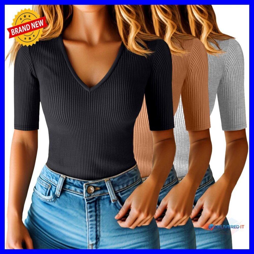 Women's Slim Fit V-Neck Ribbed Cotton Tee Half Sleeve Casual Blouse